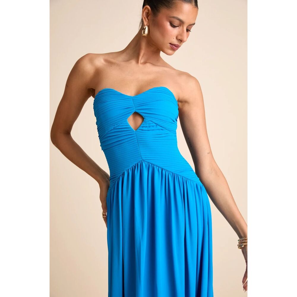 Lulus Rozala Bright Blue Pleated Strapless Maxi Dress Size XS - Picture 4 of 12
